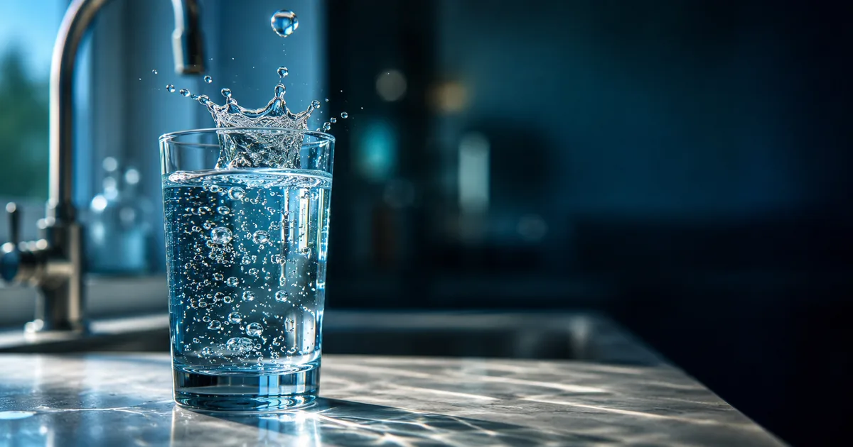 Vaso de agua con un chapoteo junto al grifo de la cocina, agua osmotizada