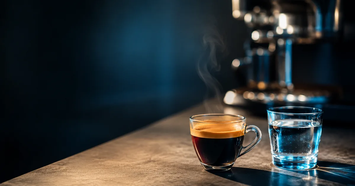 Taza de café espresso humeante junto a un vaso de agua, con la cafetera al fondo