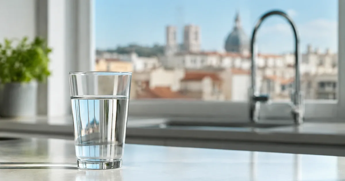 Vaso de agua del grifo en una cocina con vistas al skyline de Barcelona