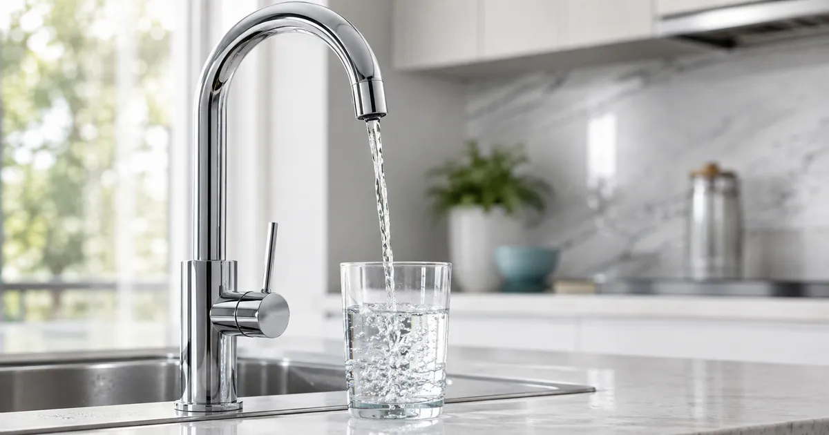 Vaso de agua llenándose en el grifo de una cocina
