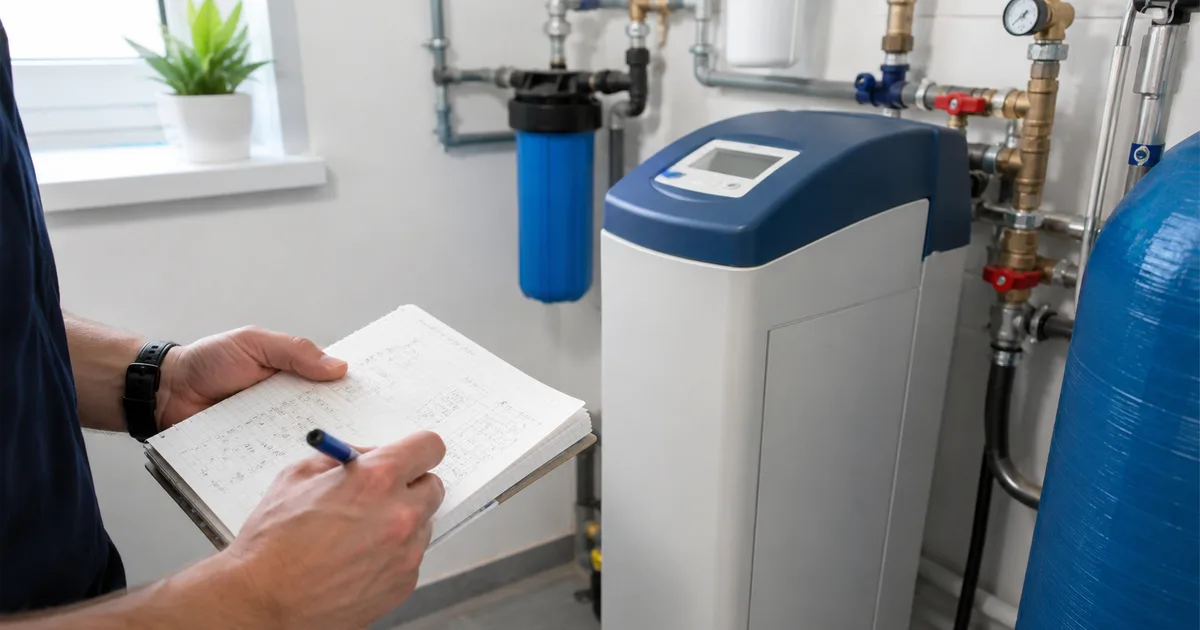 Técnico calculando el tamaño de descalcificador adecuado según la dureza del agua y el consumo de una vivienda