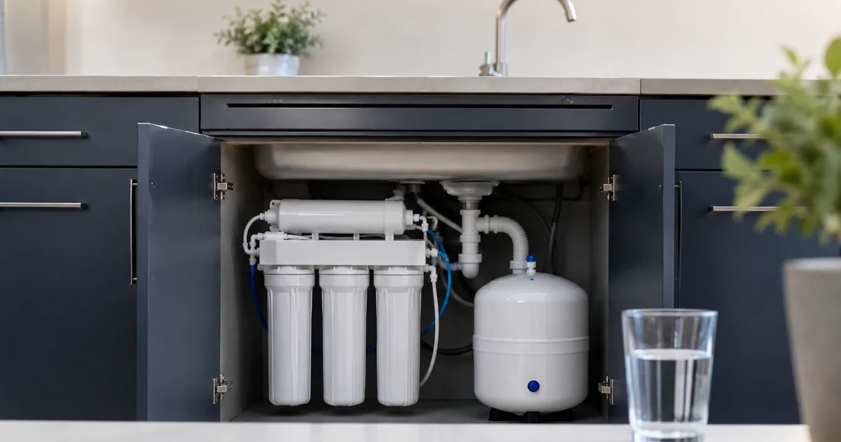 Equipo de ósmosis inversa instalado bajo el fregadero de una cocina