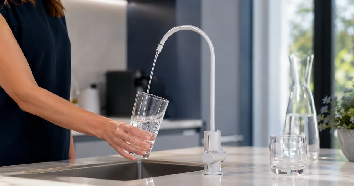Grifo dedicado de ósmosis inversa llenando un vaso de agua en la cocina
