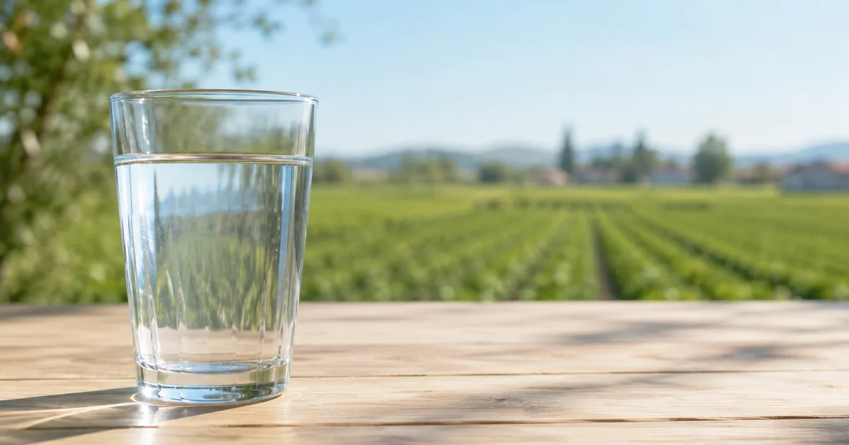 Vaso de agua sobre una mesa con un campo de cultivo de fondo