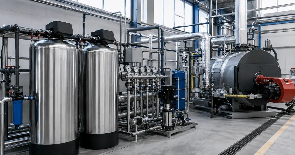 Sala de tratamiento de agua industrial con depósitos y valvulería