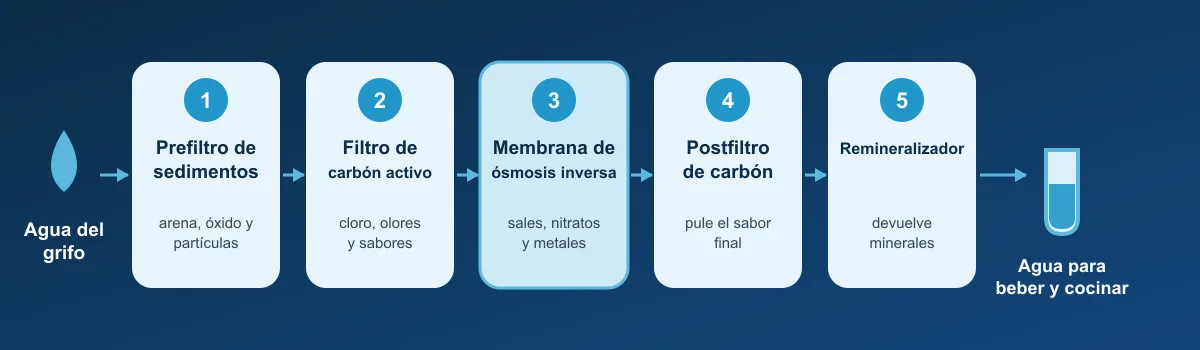 Las 5 etapas de un equipo de ósmosis inversa: prefiltro de sedimentos, filtro de carbón activo, membrana, postfiltro de carbón y remineralizador